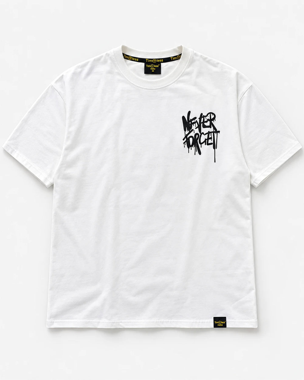 White duck oversized graphic T-shirt front with Never Forget chest print