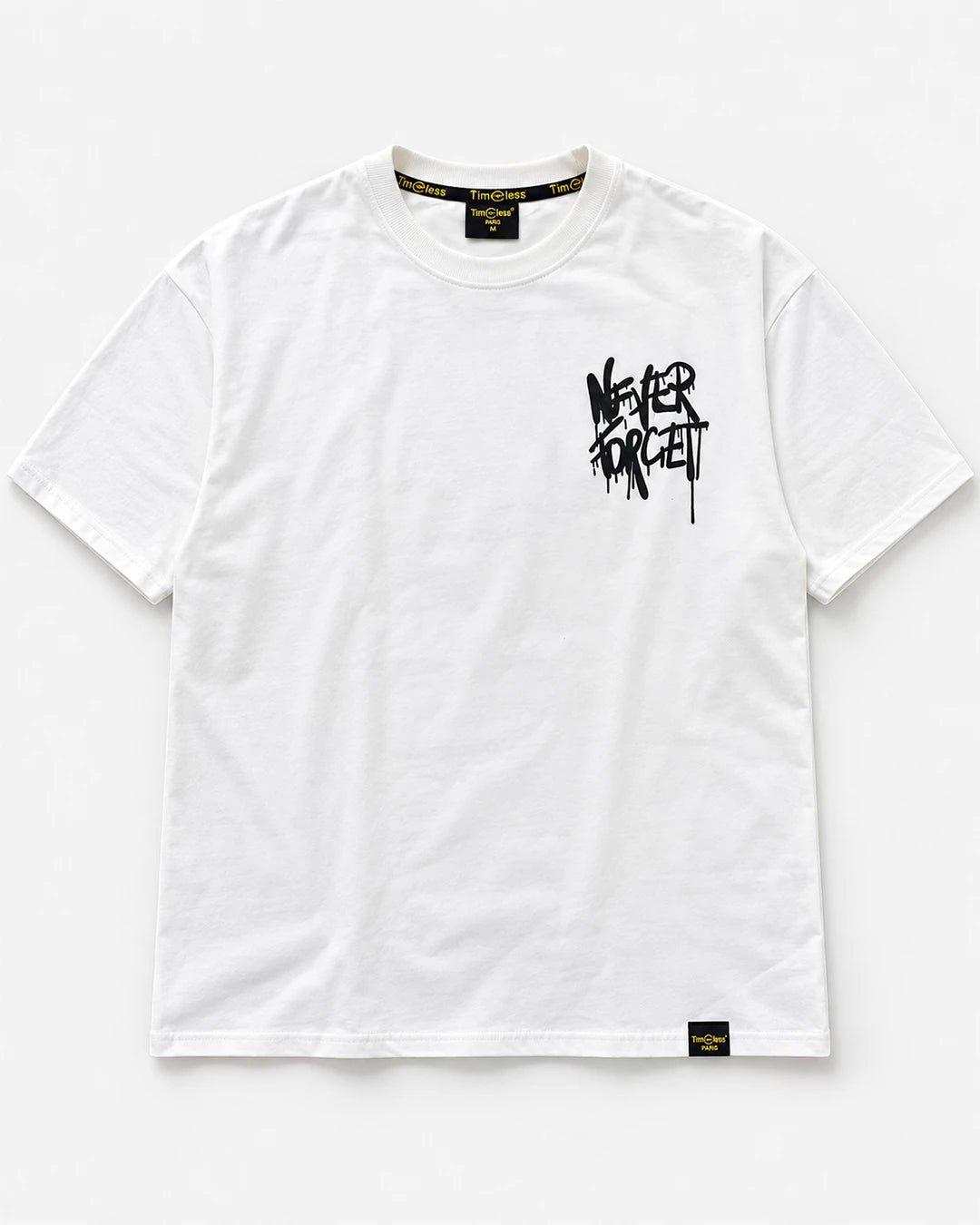 White duck oversized graphic T-shirt front with Never Forget chest print