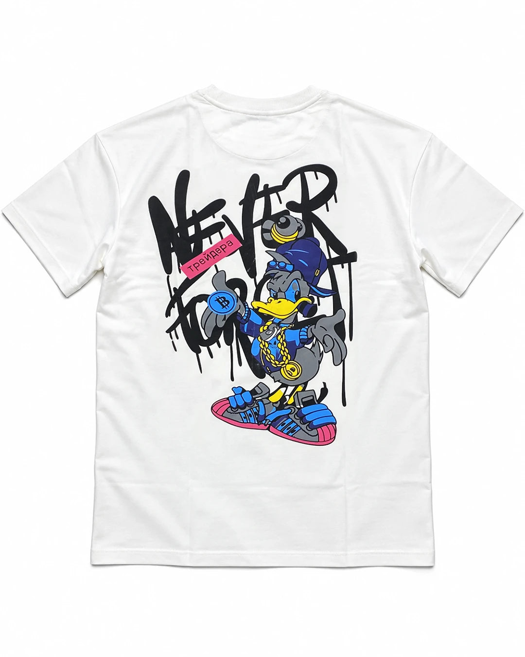 White duck oversized T-shirt back with colorful streetwear character graphic