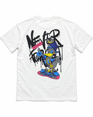 White duck oversized T-shirt back with colorful streetwear character graphic