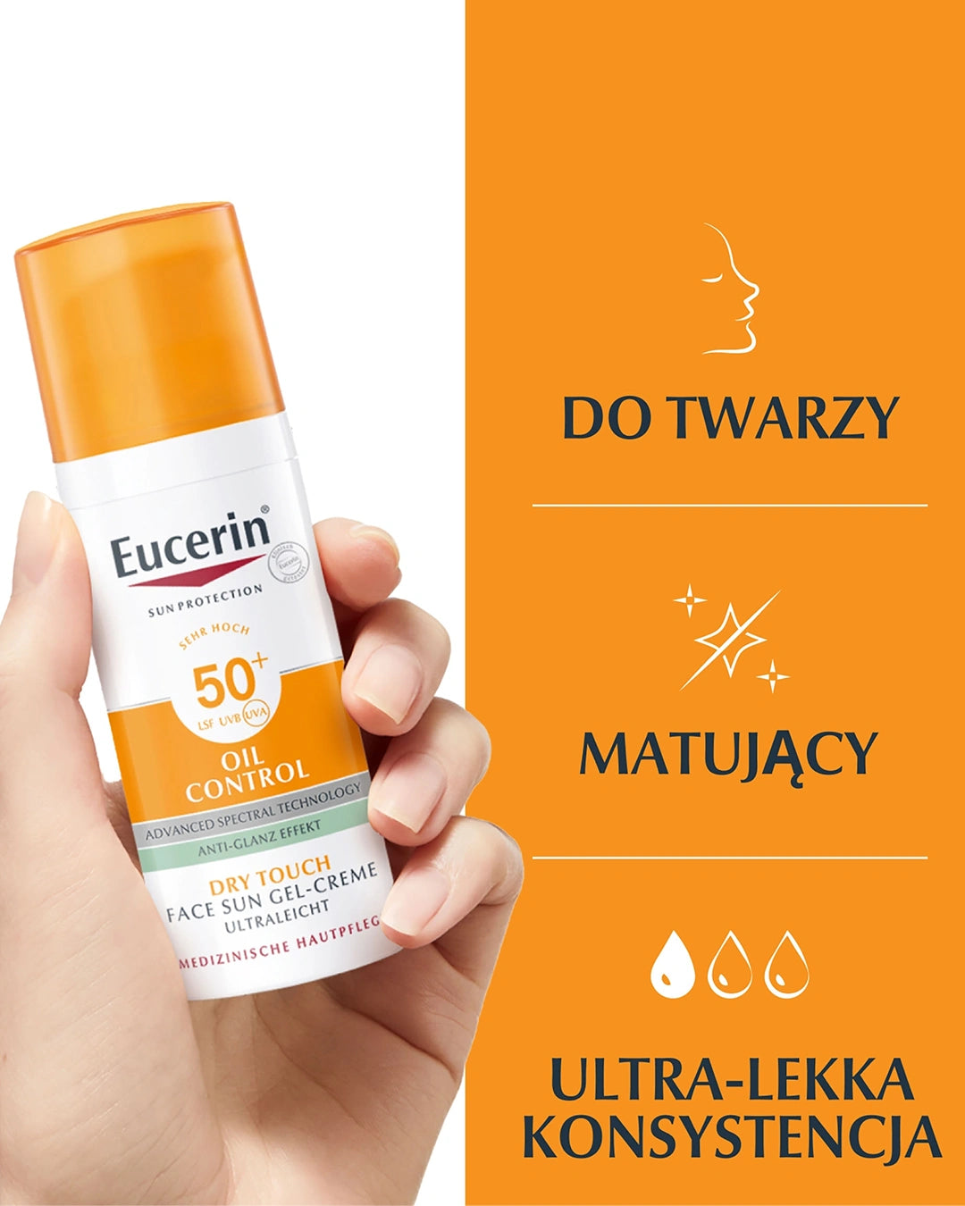 Eucerin Oil Control Dry Touch SPF50+ face sunscreen 50ml held in hand alongside an orange product benefits graphic.