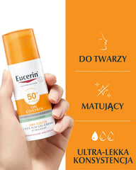 Eucerin Oil Control Dry Touch SPF50+ face sunscreen 50ml held in hand alongside an orange product benefits graphic.