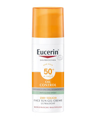 Eucerin Sun Oil Control Dry Touch SPF50+ 50ml face gel-cream sunscreen, front view on a white background.
