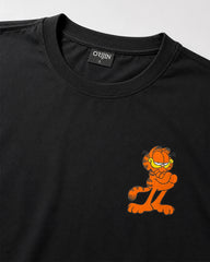 Close-up of Garfield graphic print on black T-shirt