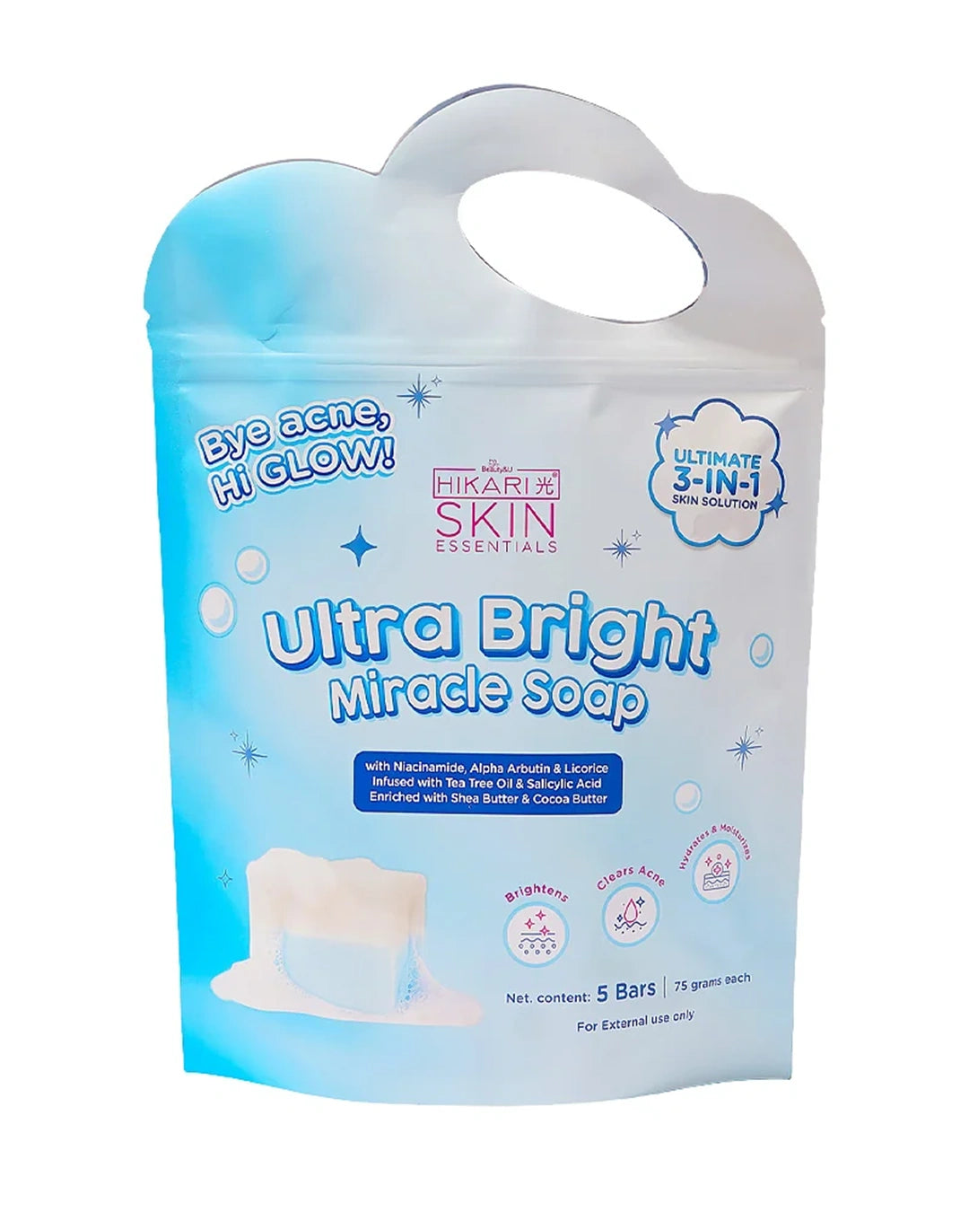 Hikari Skin Essentials Ultra Bright Miracle Soap 5-pack of 75g bars in blue resealable packaging on a white background