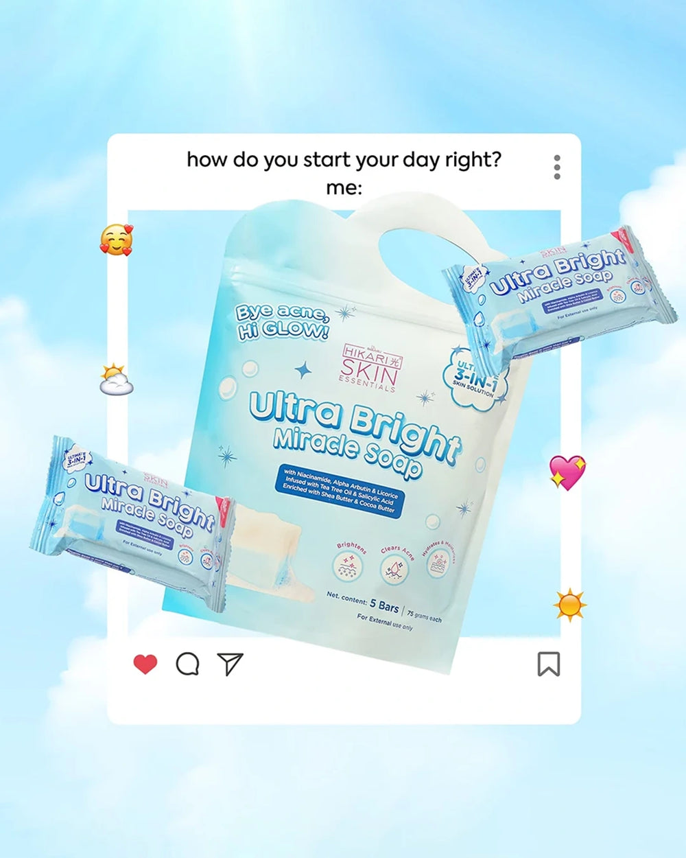 Hikari Ultra Bright Miracle Soap five-bar pack promotional image showing individual soap bars and a daily skincare routine