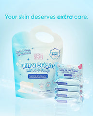 Hikari Skin Essentials Ultra Bright Miracle Soap blue five-bar pack displayed with individual soaps in a light blue skincare setting