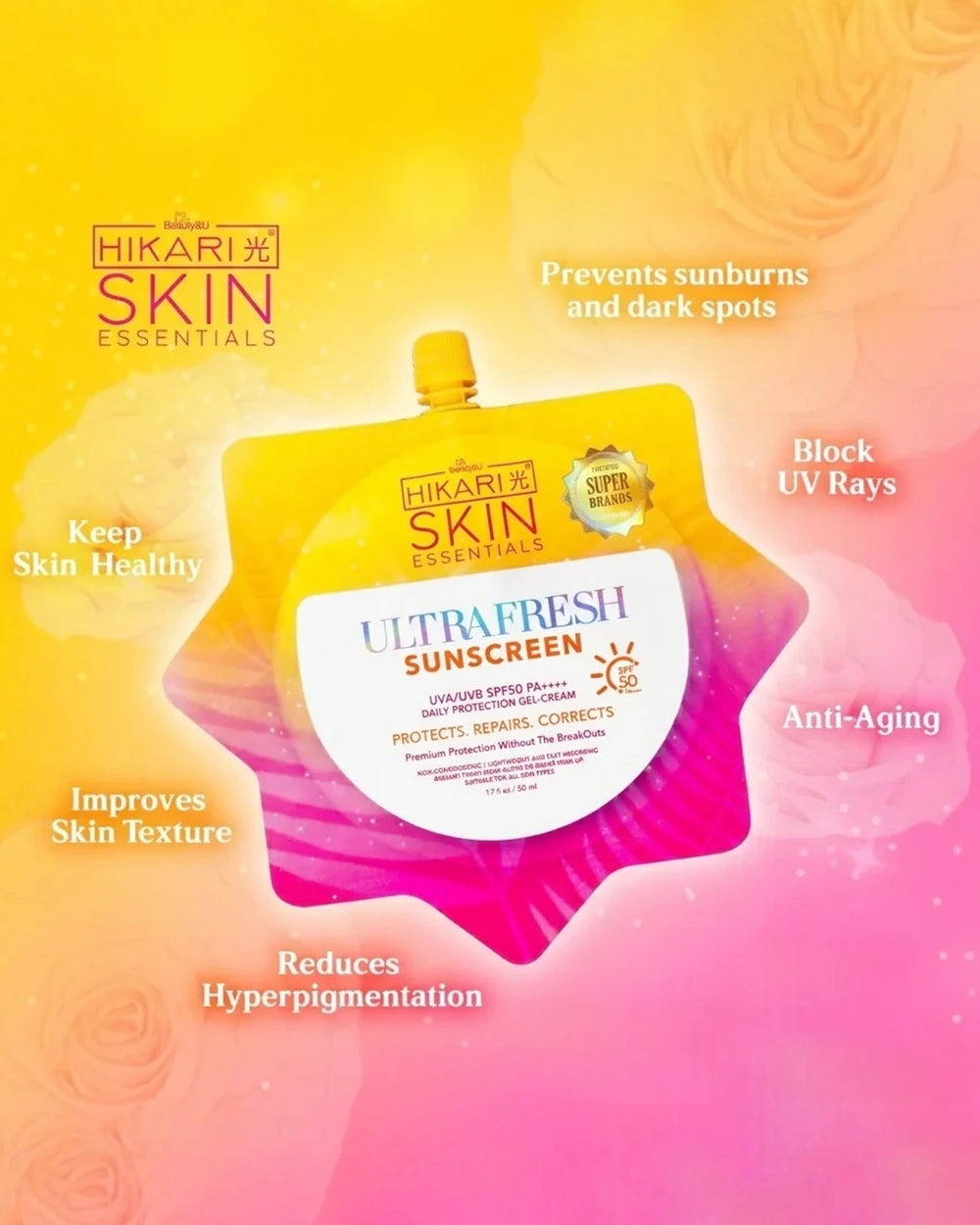 Hikari Skin Essentials UltraFresh Sunscreen SPF50 PA++++ 50ml promotional image highlighting UV protection and daily skin benefits including radiant skin and lightweight feel