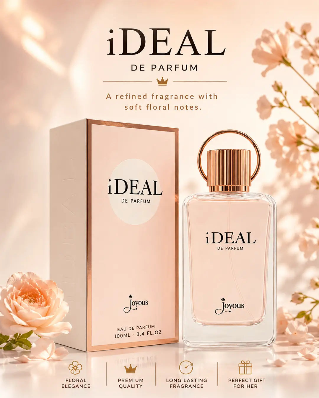 Elegant luxury floral perfume bottle with soft peach lighting, rose gold details, creamy flower aesthetics, glossy reflections and premium feminine fragrance photography for Pinterest inspiration.