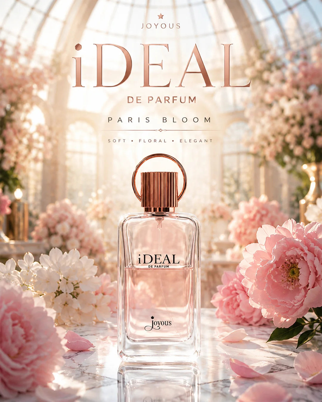 Elegant luxury floral perfume bottle with soft peach lighting, rose gold details, creamy flower aesthetics, glossy reflections and premium feminine fragrance photography for Pinterest inspiration._1