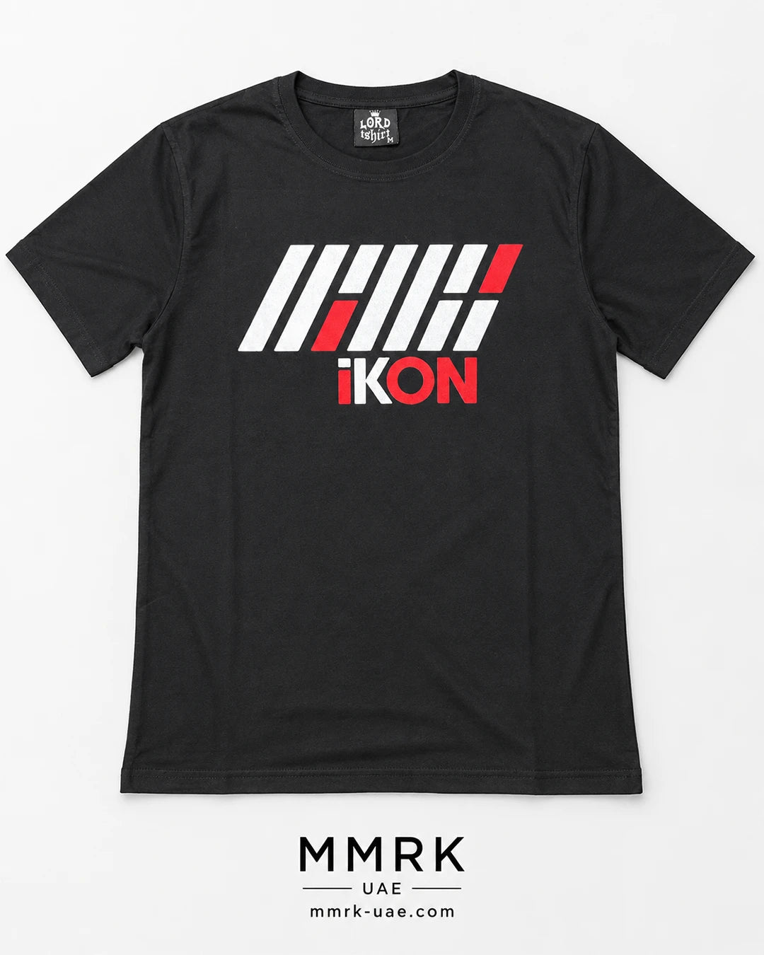 iKON black graphic T-shirt with red and white logo artwork and MMRK signature