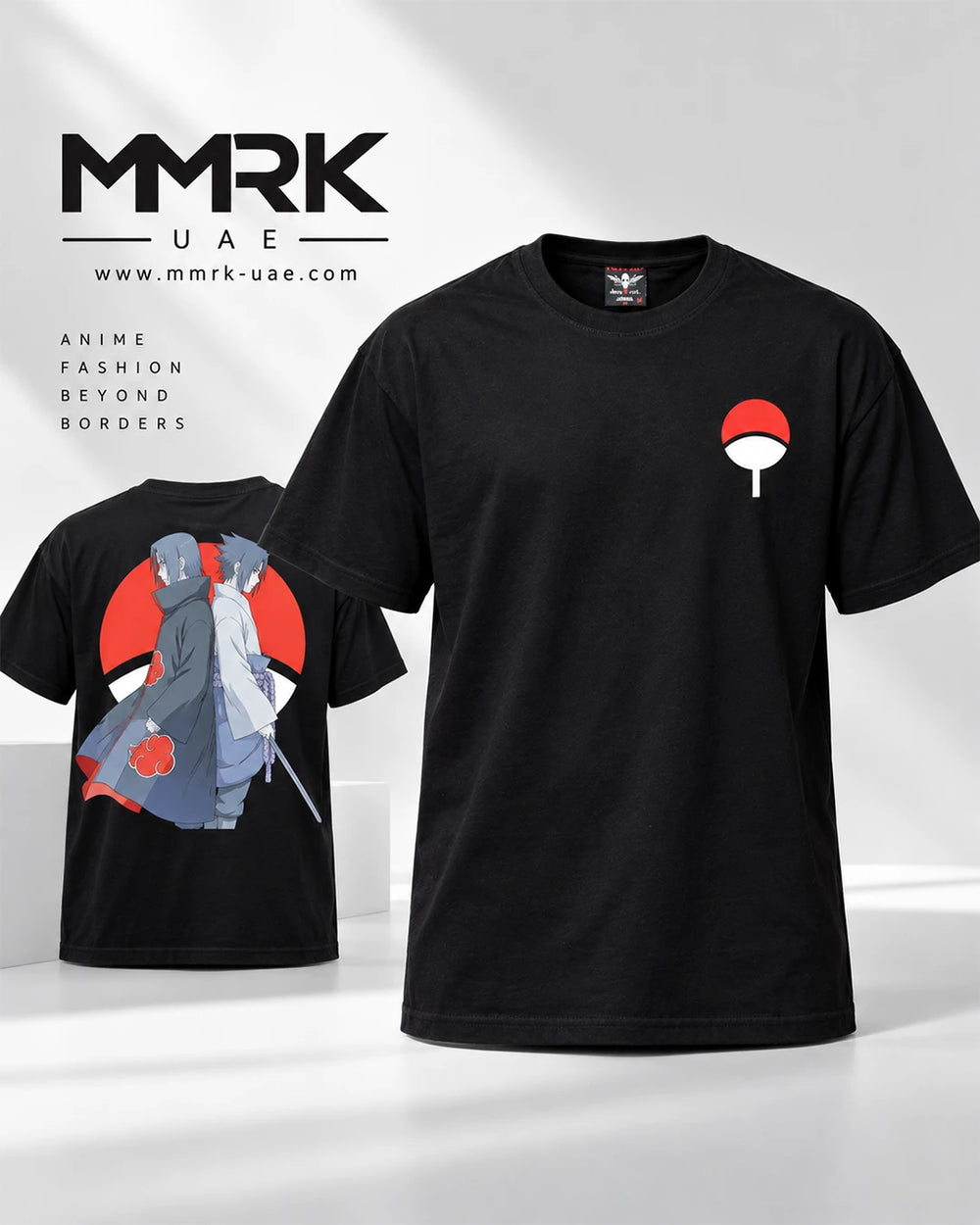 Front and back view of black Itachi and Sasuke Uchiha T-shirt with chest crest and large Naruto character artwork