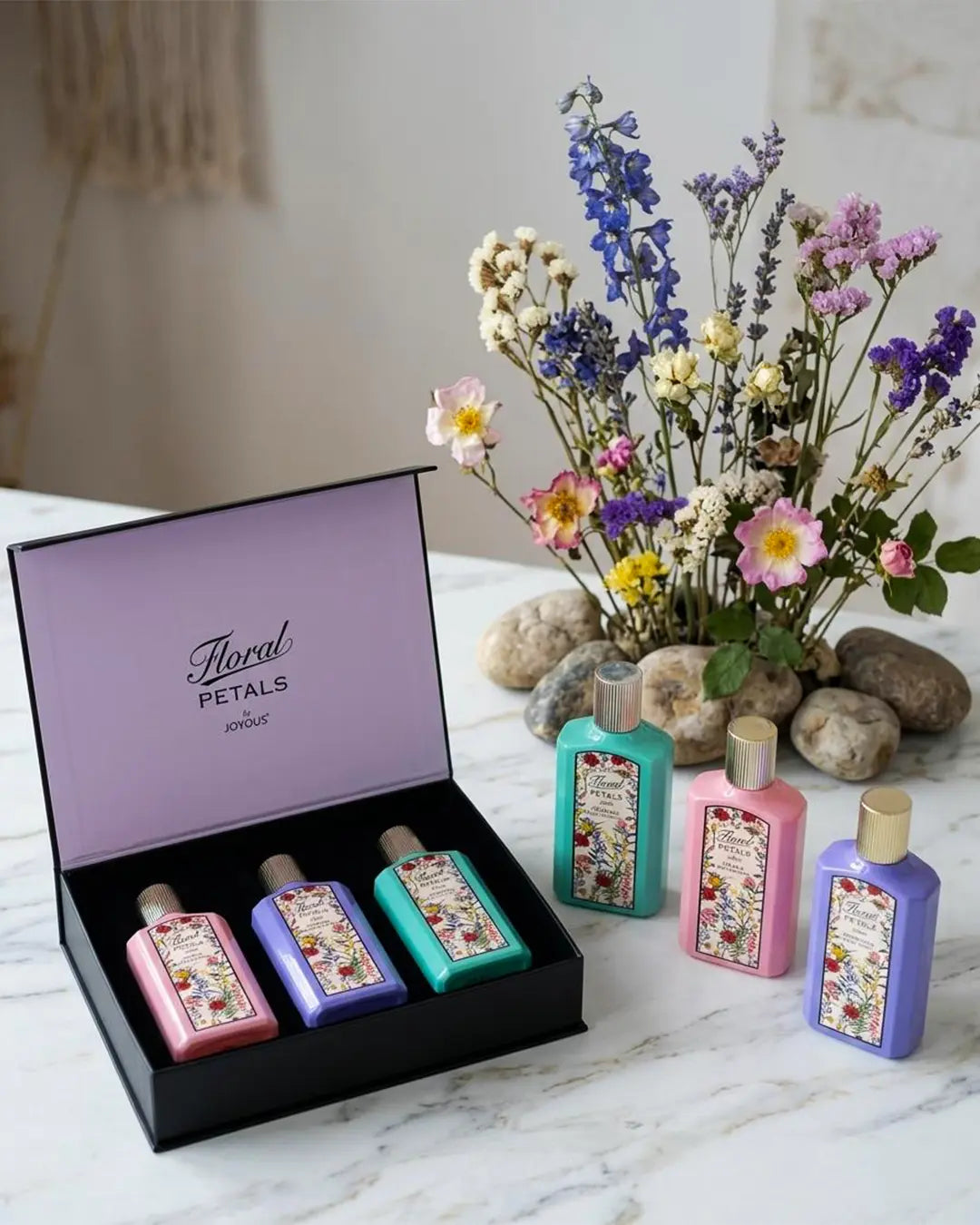 Joyous Floral Petals women perfume gift set with floral fragrances and luxury pastel perfume bottles