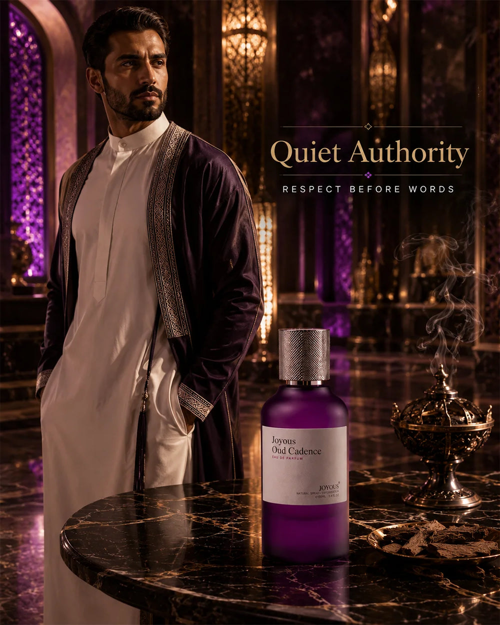 Joyous Oud Cadence Eau de Parfum for men with a dark refined masculine presentation