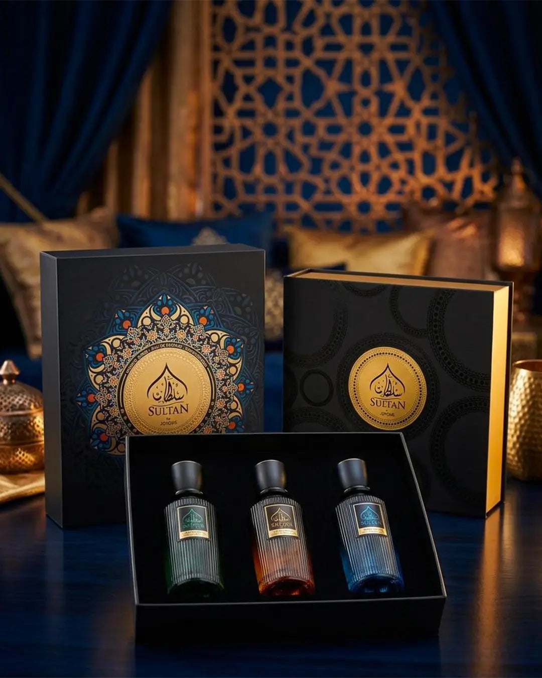 Joyous Sultan luxury unisex perfume gift set with oriental oud amber fragrance bottles