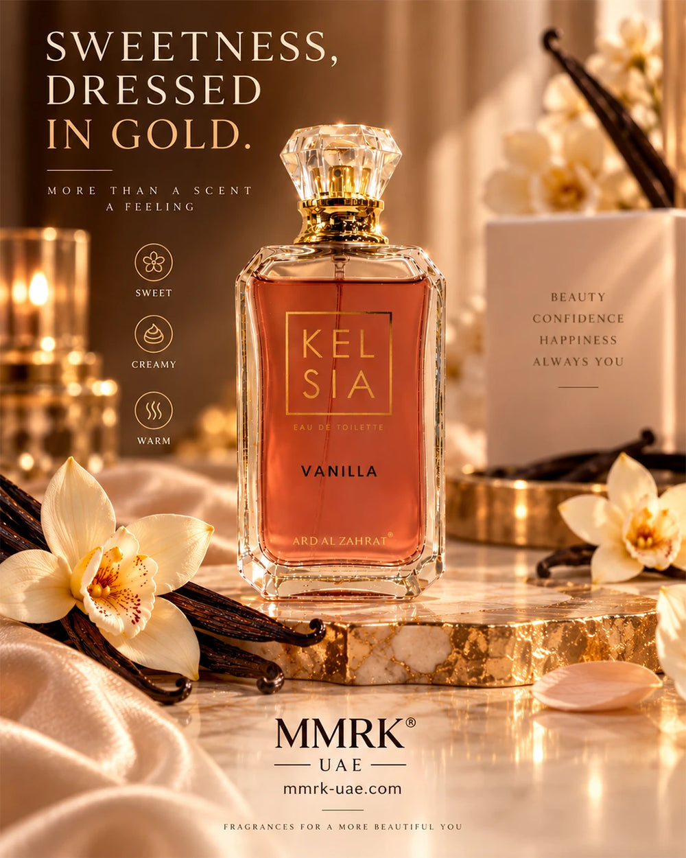 Kelsia Vanilla perfume for women with a soft warm addictive vanilla scent presentation