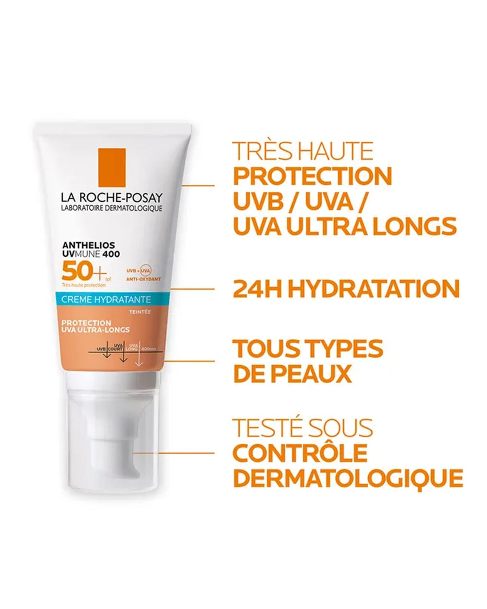 La Roche-Posay UVMune 400 Tinted Hydrating Cream SPF50+ showing UV protection, 24-hour hydration and skin tolerance benefits