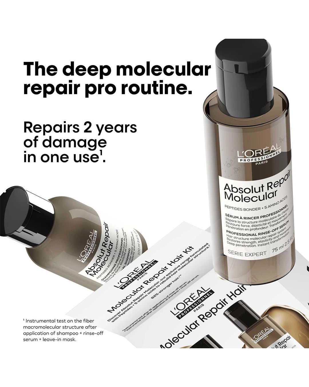 L'Oréal Absolut Repair Molecular deep repair routine promotional image featuring professional rinse-off serum and damaged hair care benefits