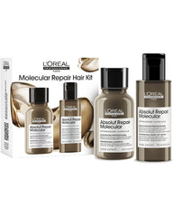 L'Oréal Professionnel Absolut Repair Molecular Hair Kit with box, 100ml shampoo and 75ml rinse-off serum on a white background