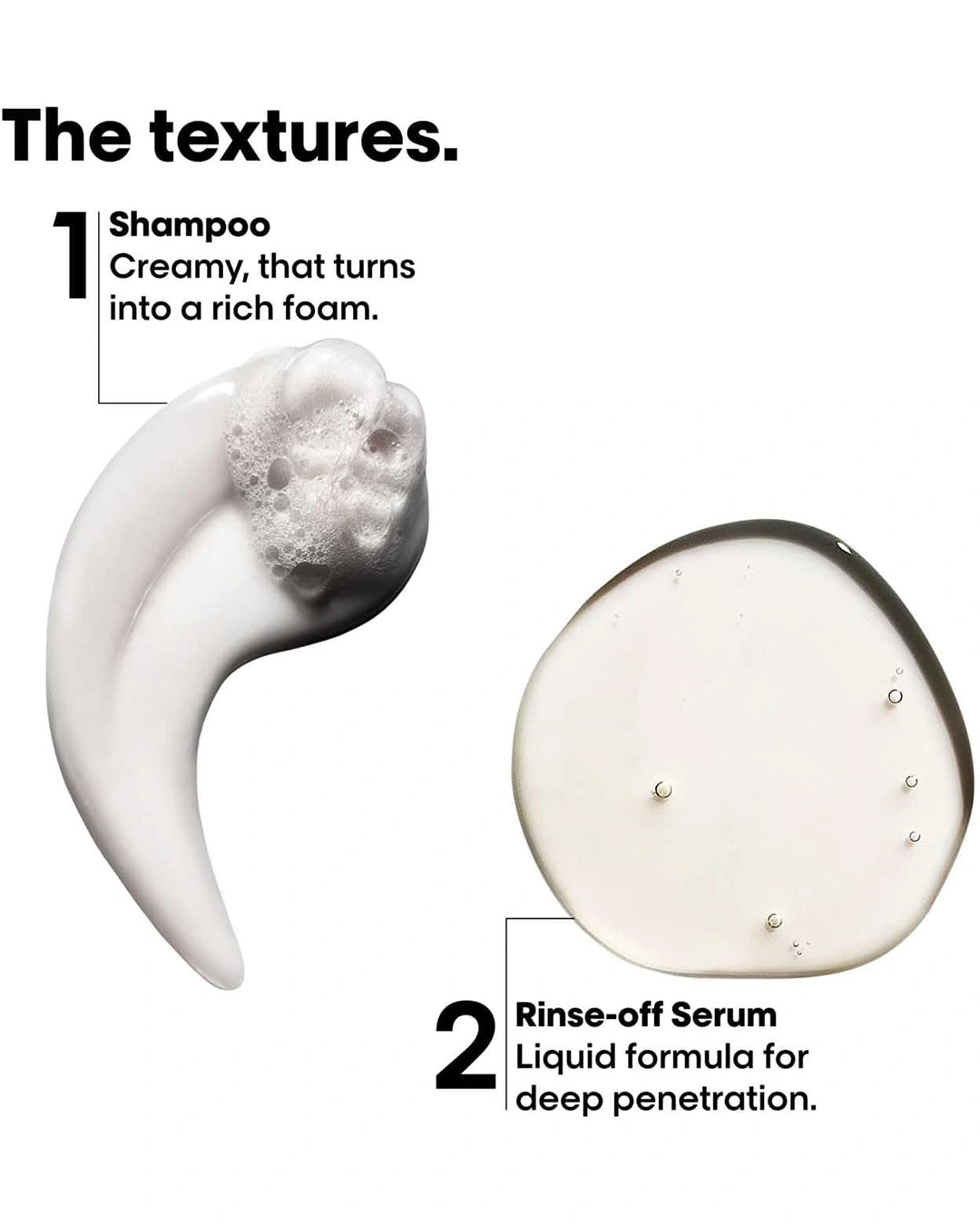 Close-up of L'Oréal Absolut Repair Molecular creamy shampoo texture and liquid rinse-off serum texture for deep penetration
