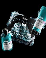 L'Oréal Professionnel Glacial Utopia anti-discomfort hair care set displayed with an icy mountain visual and turquoise products