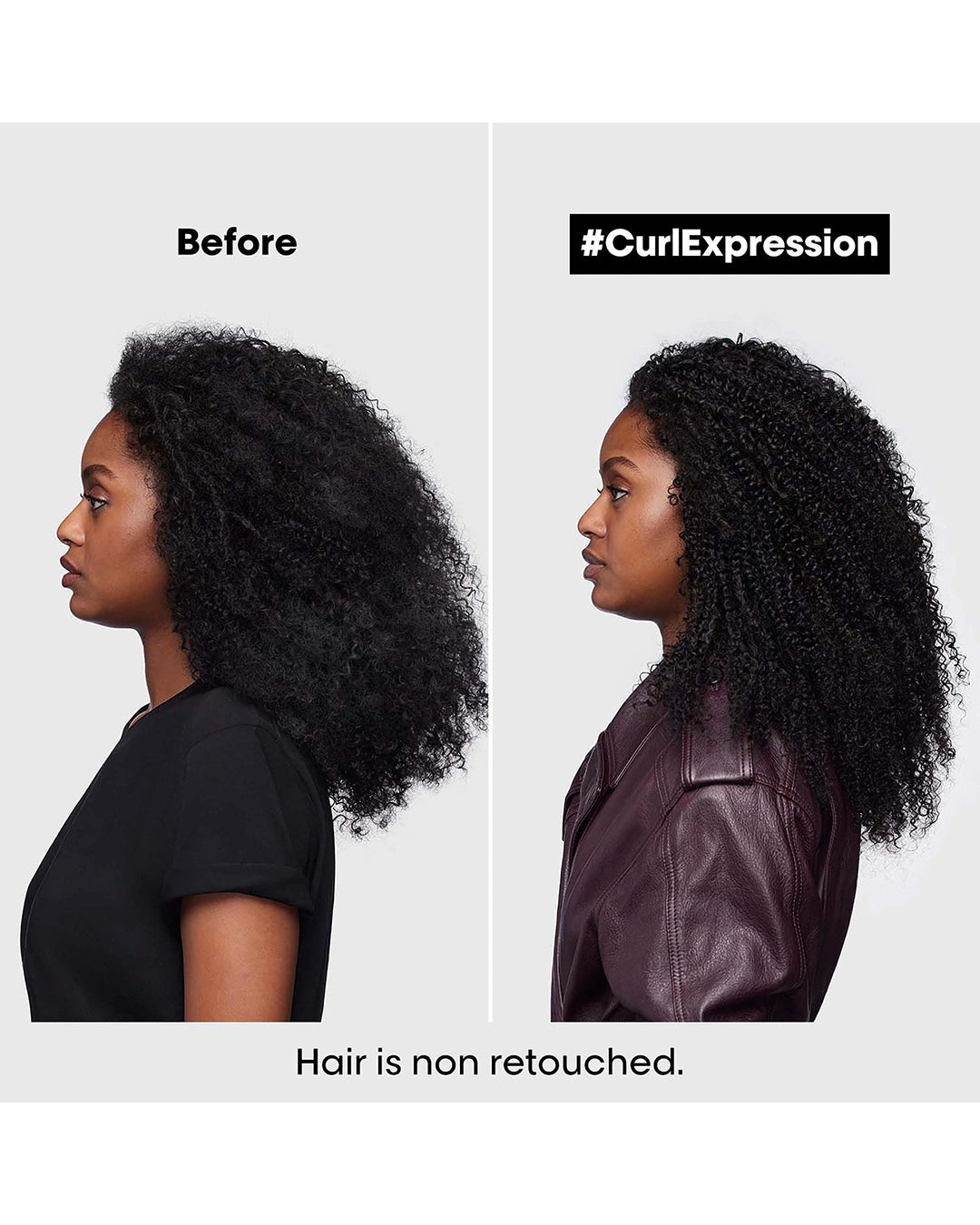 Before and after result image for L'Oréal Professionnel Curl Expression Density Stimulator showing fuller-looking curly hair