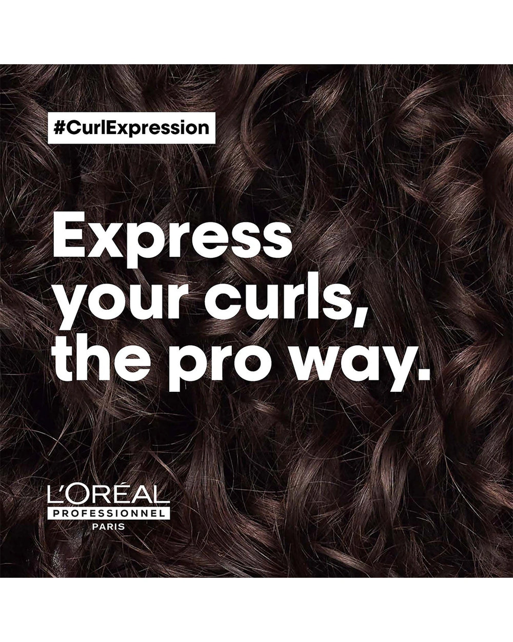 L'Oréal Professionnel Curl Expression brand visual with curly hair texture and promotional message for professional curl care