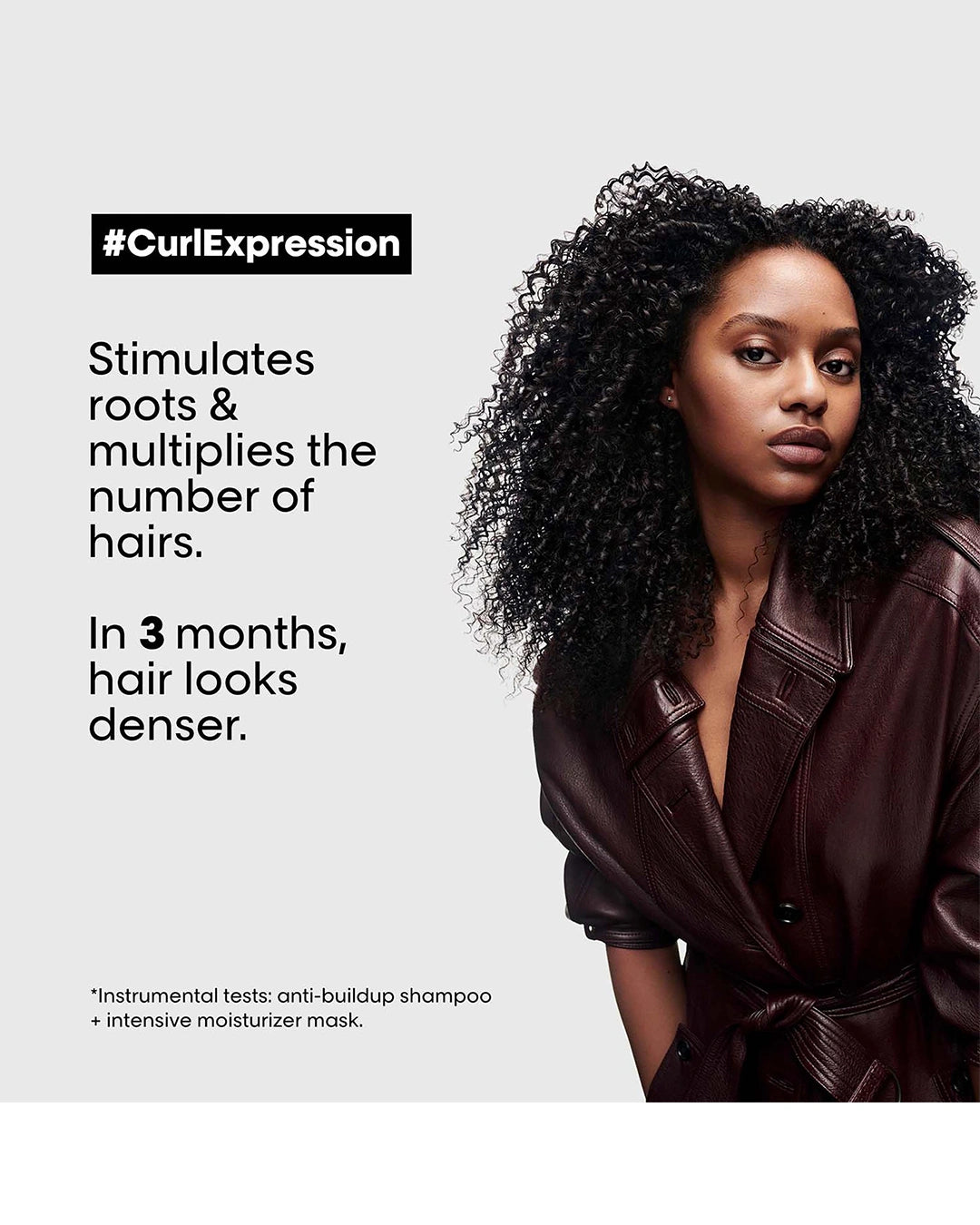 L'Oréal Professionnel Curl Expression Density Stimulator benefit image showing curly hair model and message about stimulating roots and improving hair density