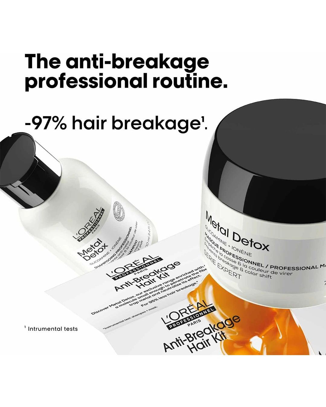 L'Oréal Professionnel Metal Detox anti-breakage professional routine image highlighting reduced hair breakage and smoother-looking hair
