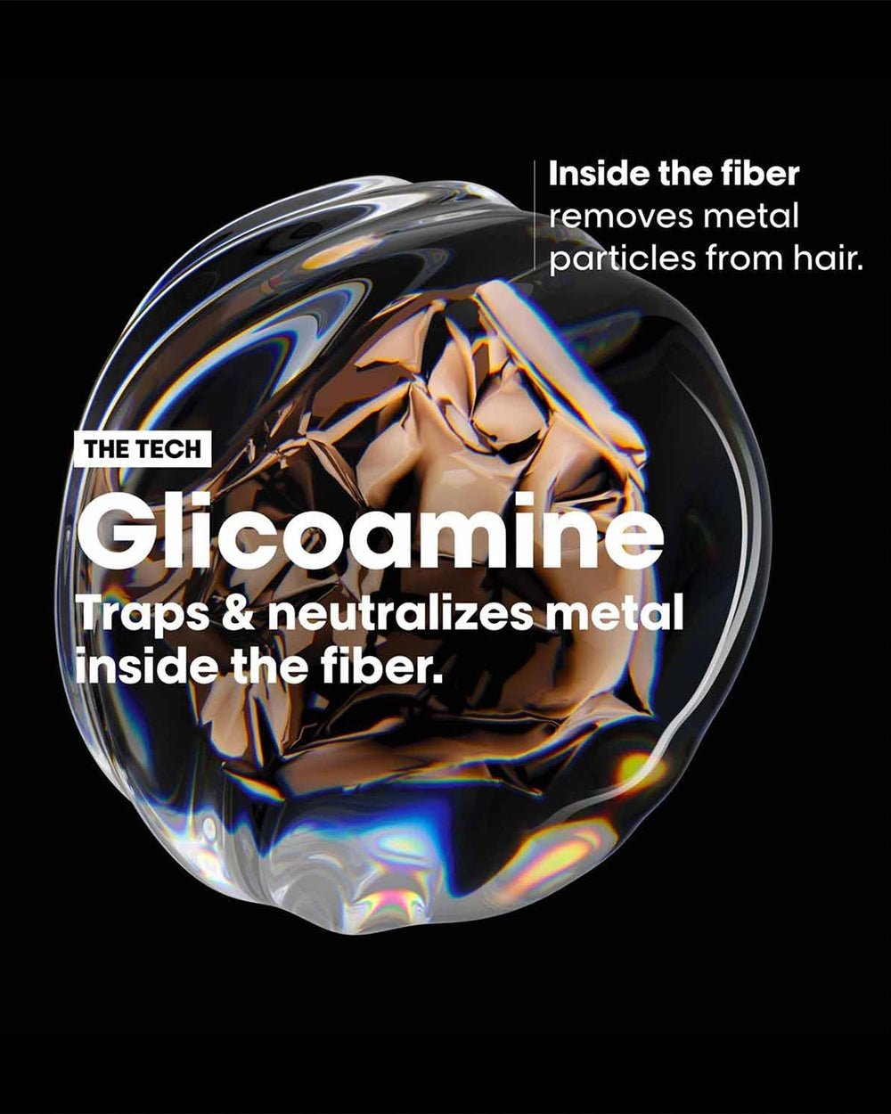 L'Oréal Professionnel Metal Detox Glicoamine technology graphic showing how it traps and neutralizes metal inside the hair fiber