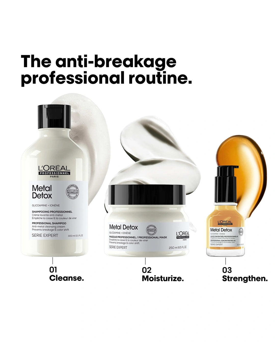 L'Oréal Professionnel Metal Detox professional hair care routine featuring cleanse, moisturize and strengthen steps with shampoo, mask and oil
