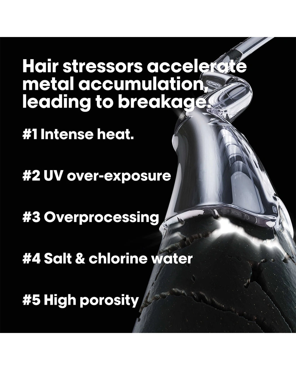 L'Oréal Professionnel Metal Detox Mask educational graphic showing external factors that accelerate metal accumulation and lead to hair breakage