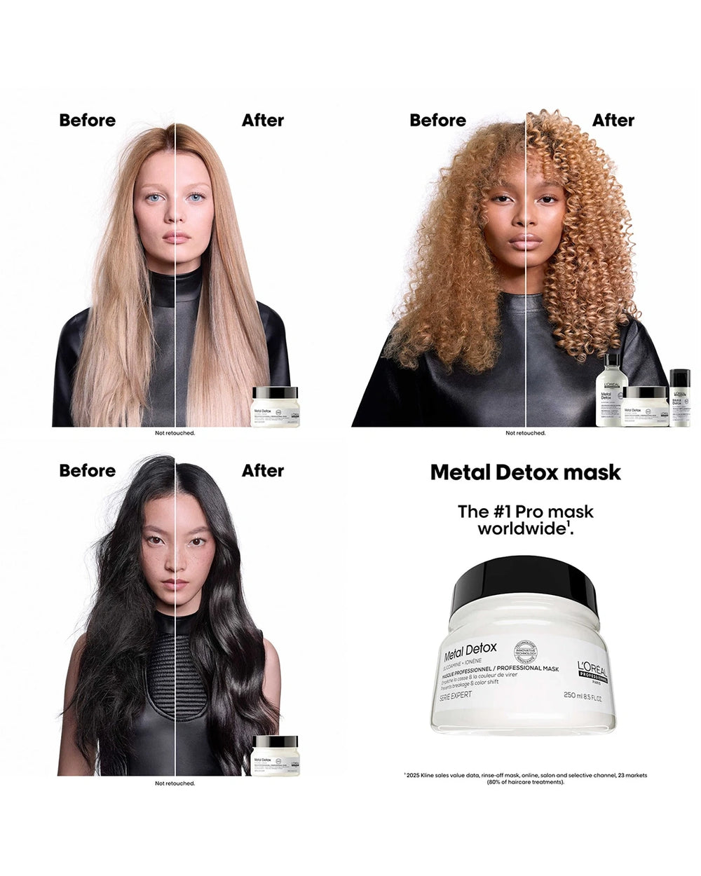 L'Oréal Professionnel Metal Detox Mask results graphic showing smoother healthier hair on multiple hair types before and after use