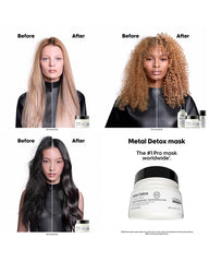 L'Oréal Professionnel Metal Detox Mask results graphic showing smoother healthier hair on multiple hair types before and after use