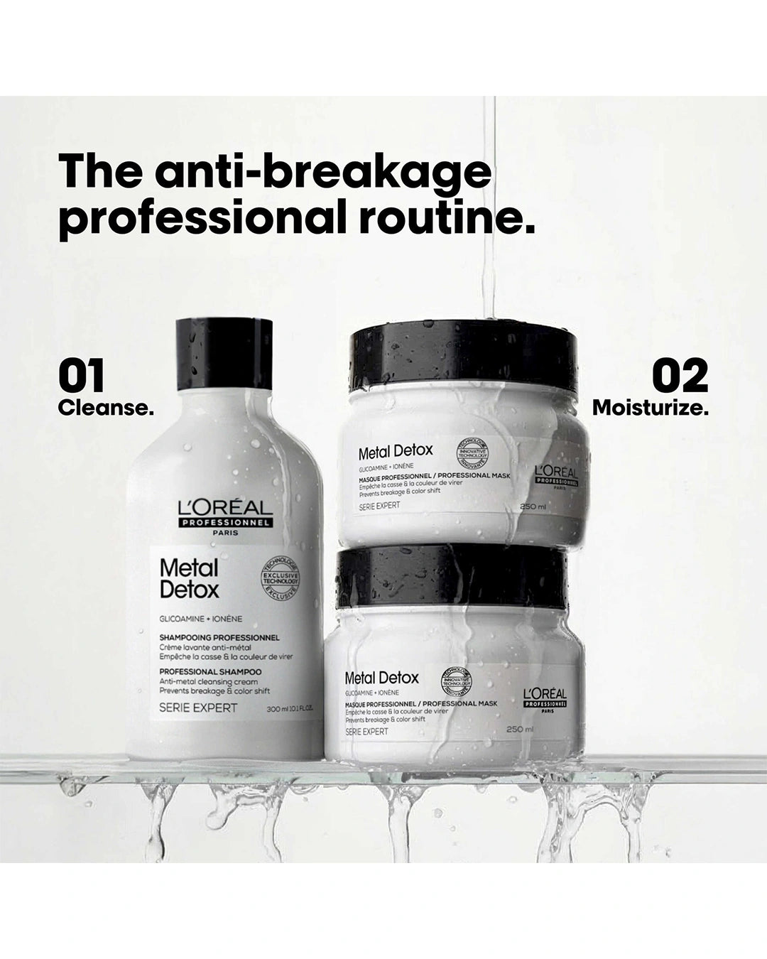 L'Oréal Professionnel Metal Detox professional hair care routine featuring shampoo and mask for anti-breakage care