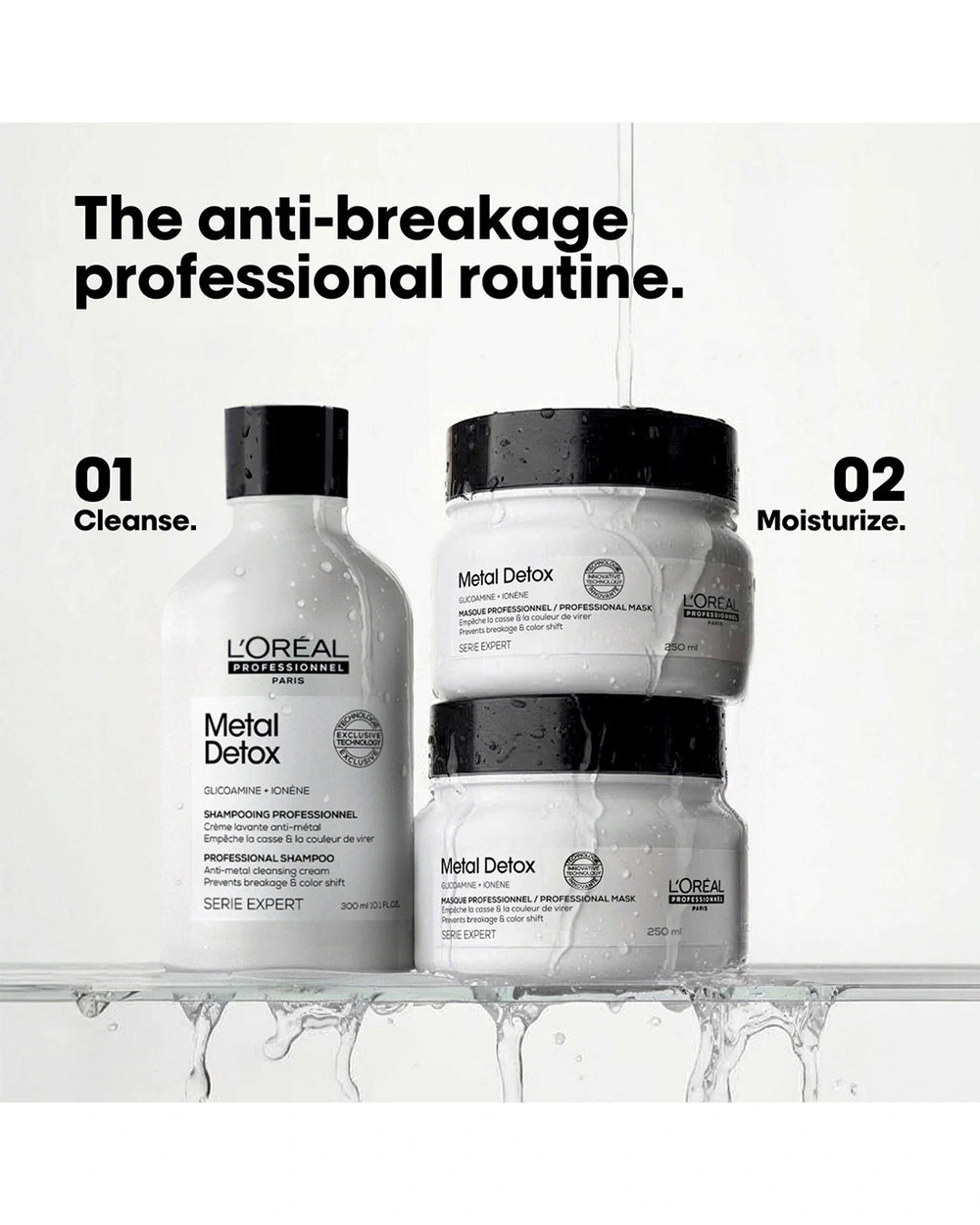 L'Oréal Professionnel Metal Detox professional hair care routine featuring shampoo and mask for anti-breakage care