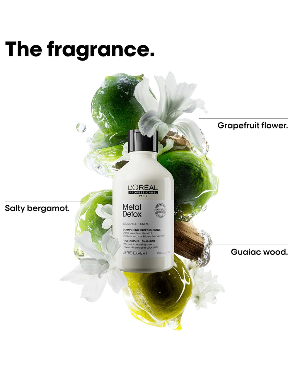 L'Oréal Professionnel Metal Detox Shampoo fragrance notes graphic featuring soft bergamot, grapefruit flower and guaiac wood