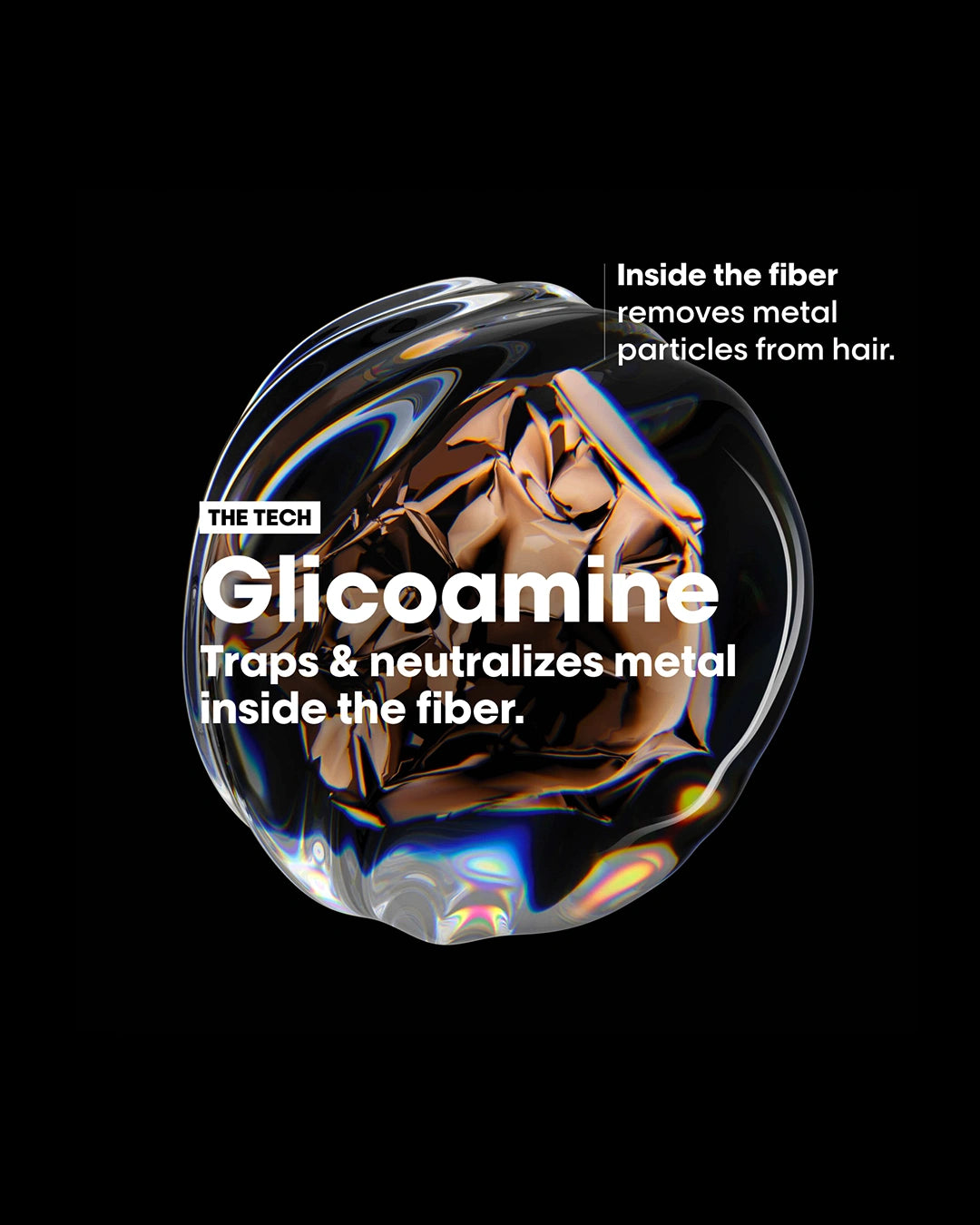 L'Oréal Professionnel Metal Detox Shampoo Glicoamine technology graphic showing how metal is trapped and neutralized inside the hair fiber