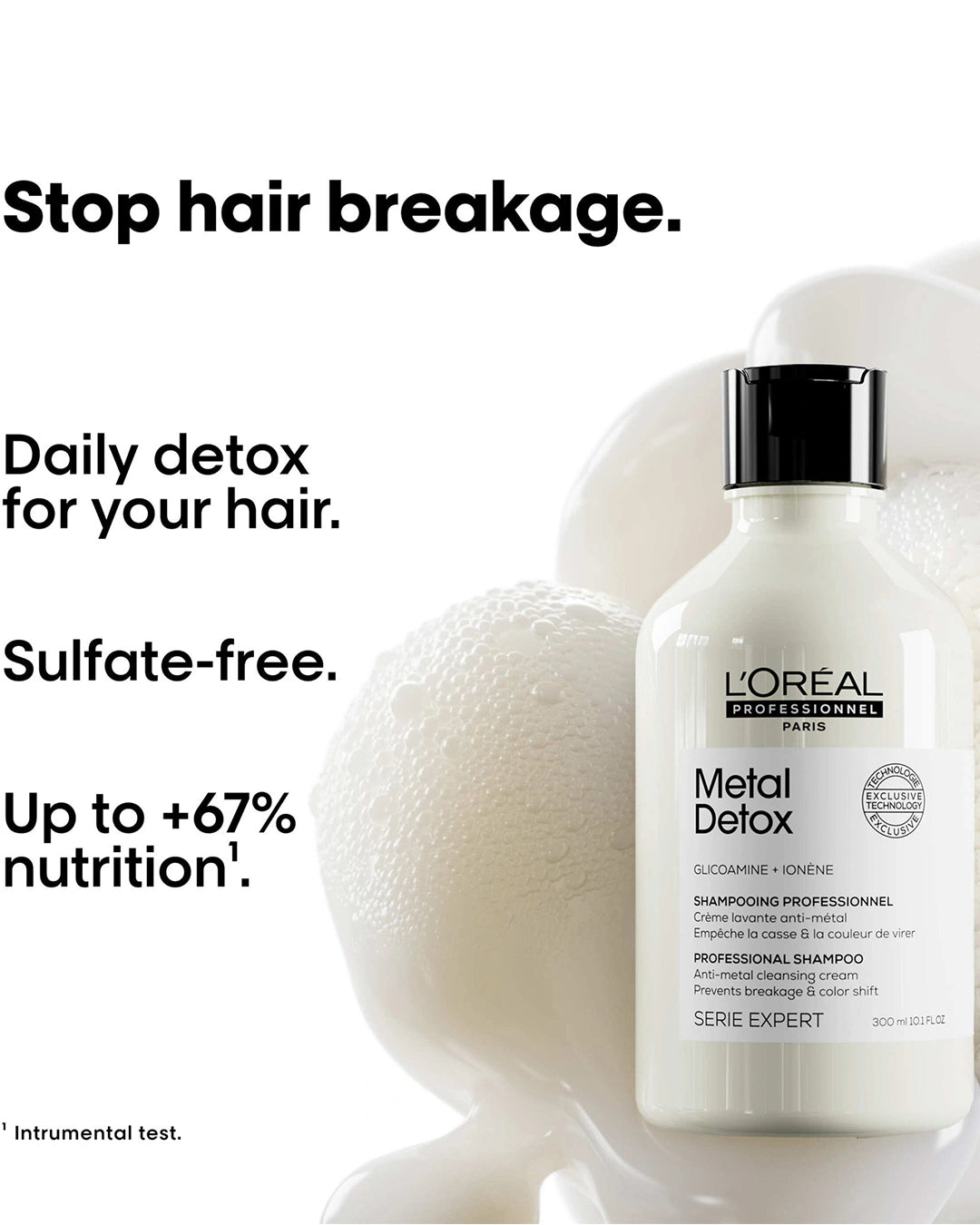 L'Oréal Professionnel Metal Detox Shampoo 300ml benefits graphic showing stop hair breakage, daily detox, sulfate-free formula and up to 67 percent nutrition