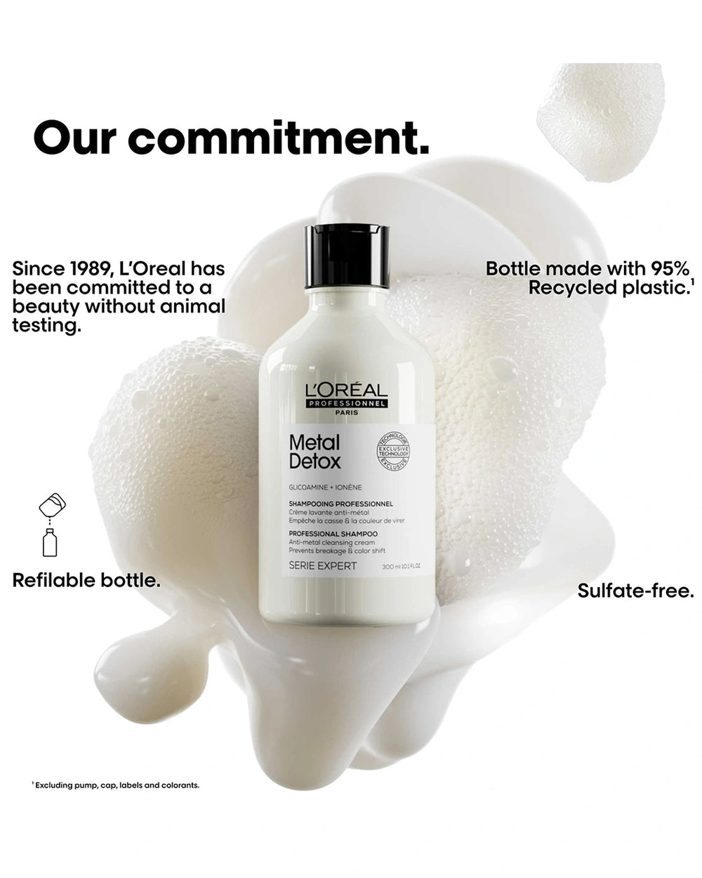 L'Oréal Professionnel Metal Detox Shampoo sustainability and brand commitment graphic highlighting bottle design and formula benefits