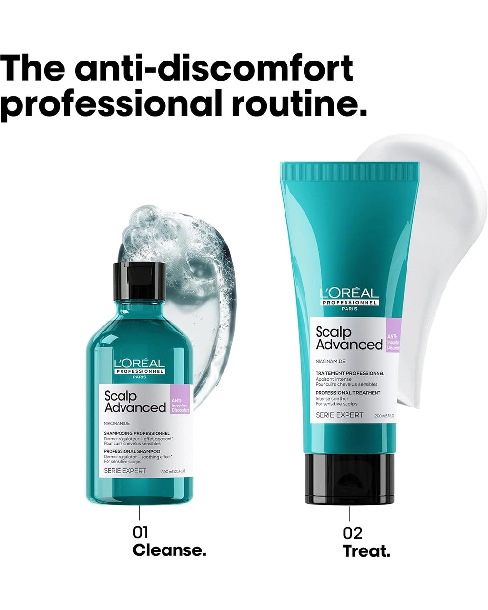 L'Oréal Professionnel Scalp Advanced two-step anti-discomfort routine showing cleansing shampoo followed by soothing treatment
