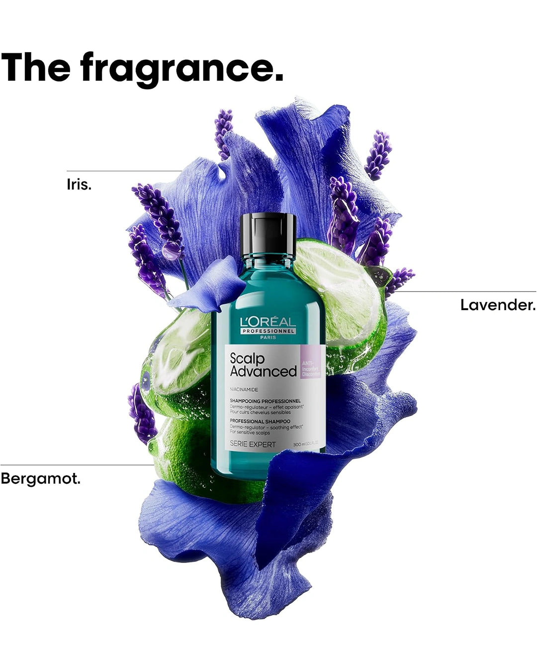 L'Oréal Professionnel Scalp Advanced fragrance illustration with lavender and bergamot beside the anti-discomfort shampoo bottle