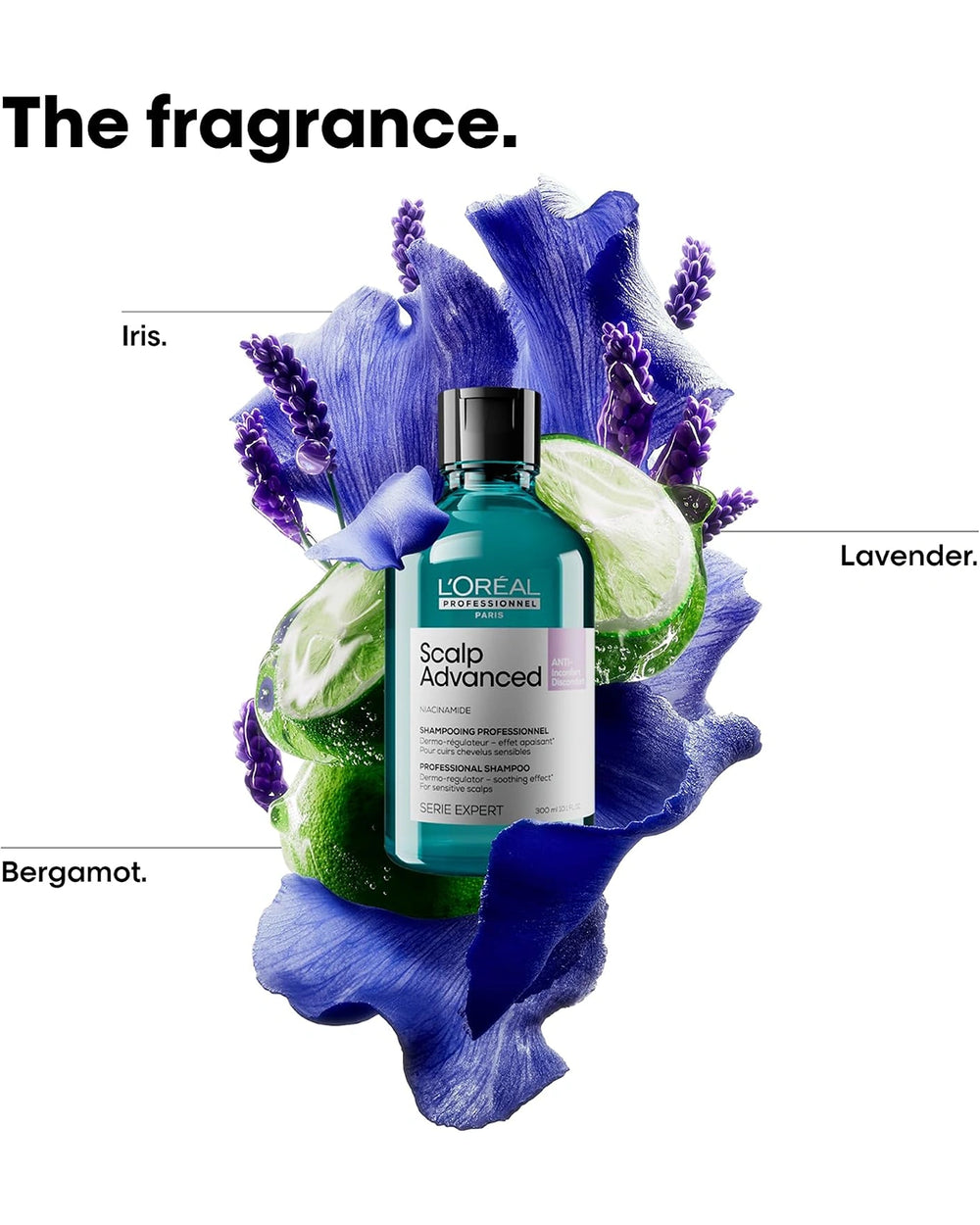 L'Oréal Professionnel Scalp Advanced fragrance illustration with lavender and bergamot beside the anti-discomfort shampoo bottle