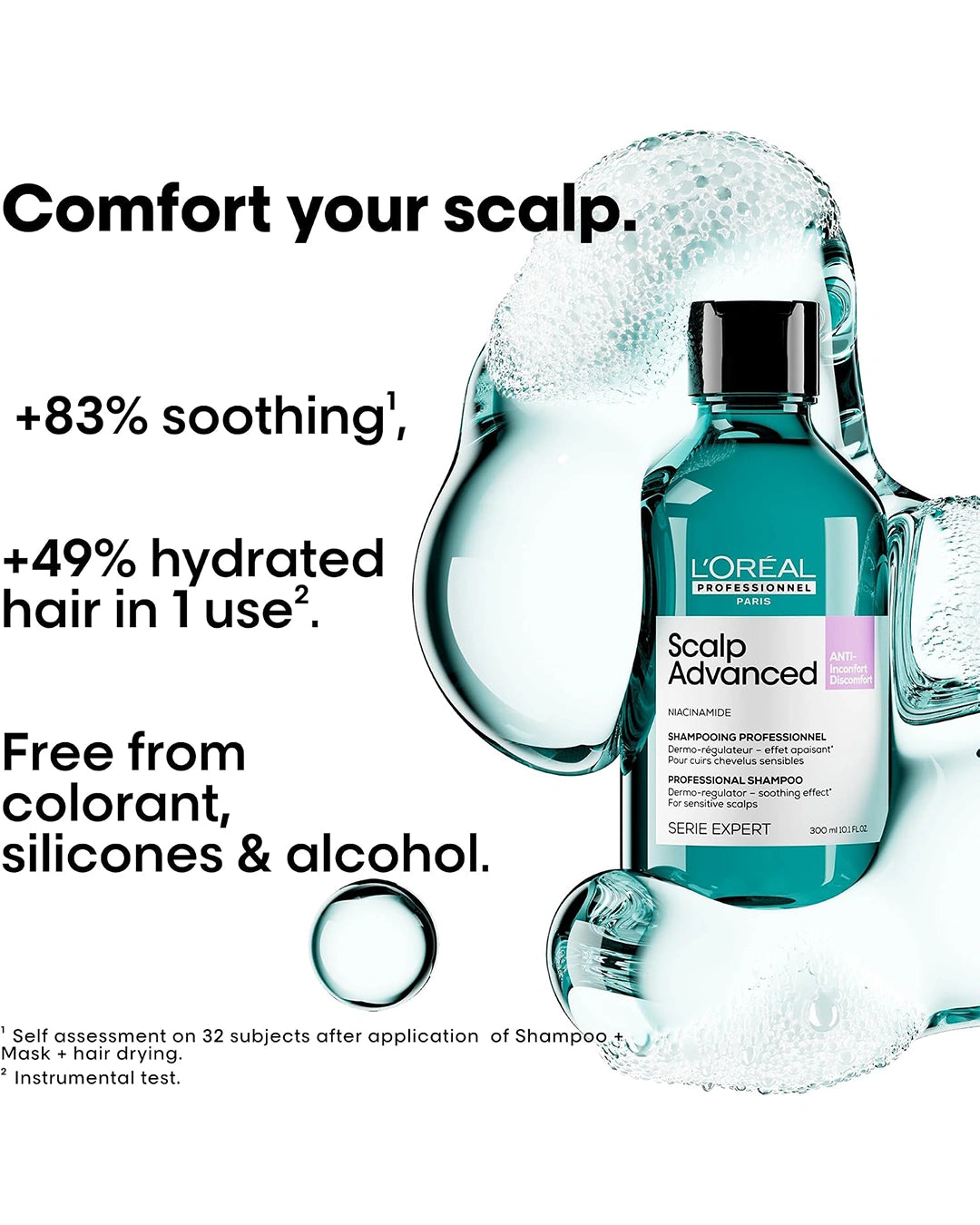 L'Oréal Professionnel Scalp Advanced shampoo sustainability graphic highlighting silicone-free formula, recyclable packaging and renewable energy manufacturing