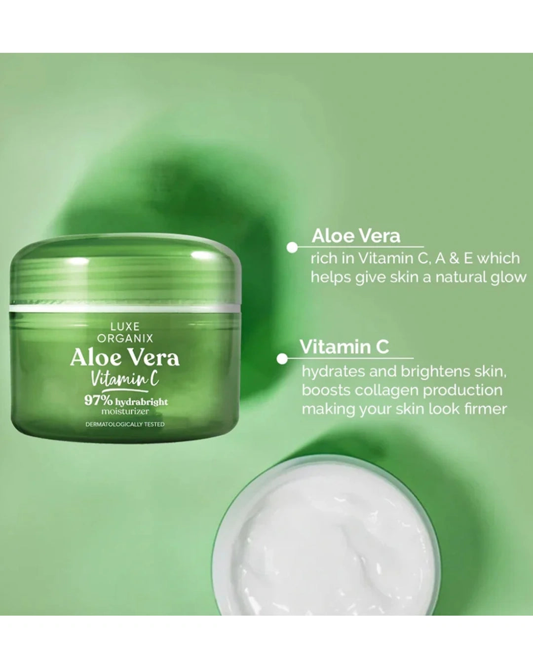Luxe Organix Aloe Vera + Vitamin C Hydrabright Moisturizer for hydrated bright and soothed skin