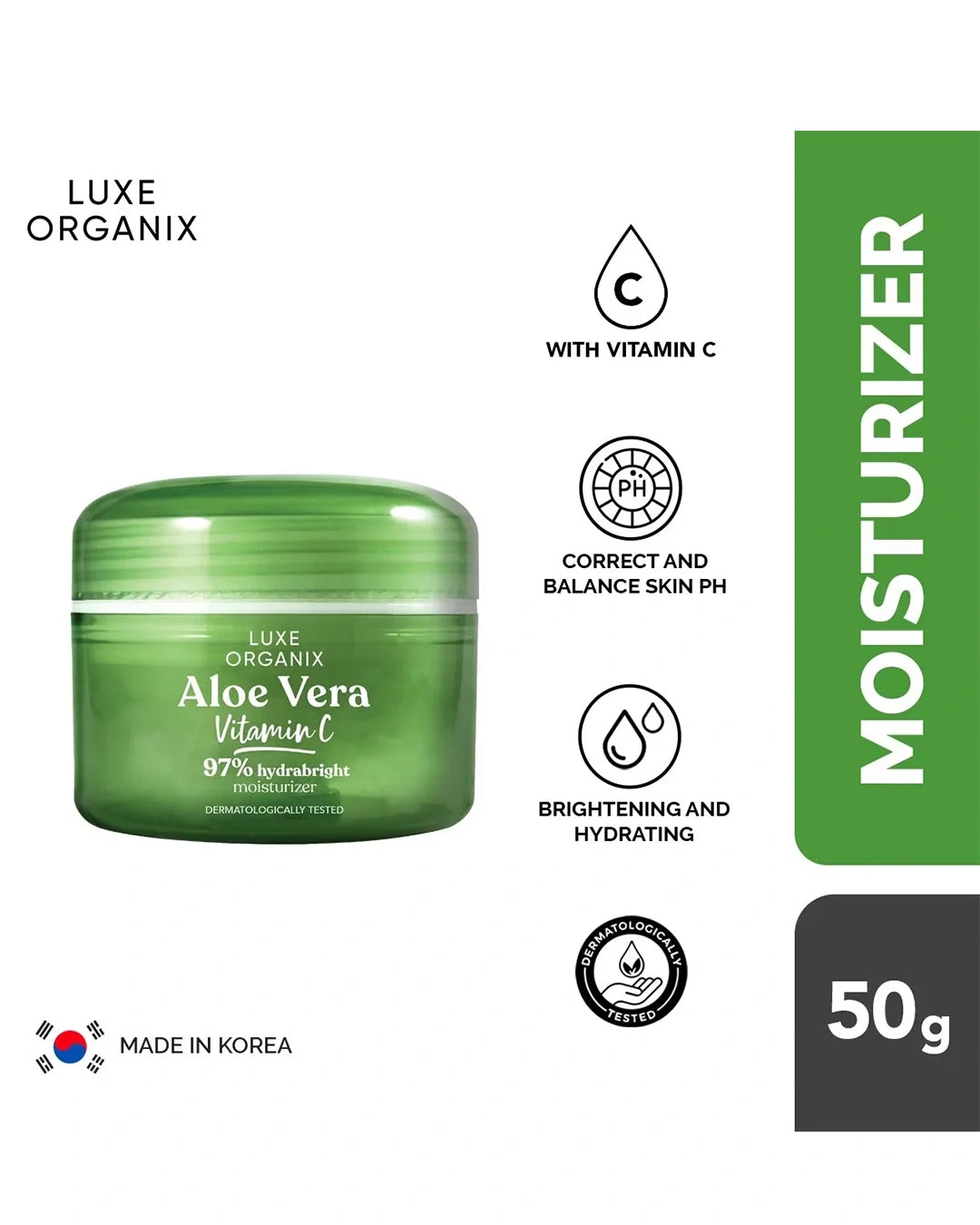Luxe Organix Aloe Vera + Vitamin C 97% Hydrabright Moisturizer 50g product details and moisturizing benefits