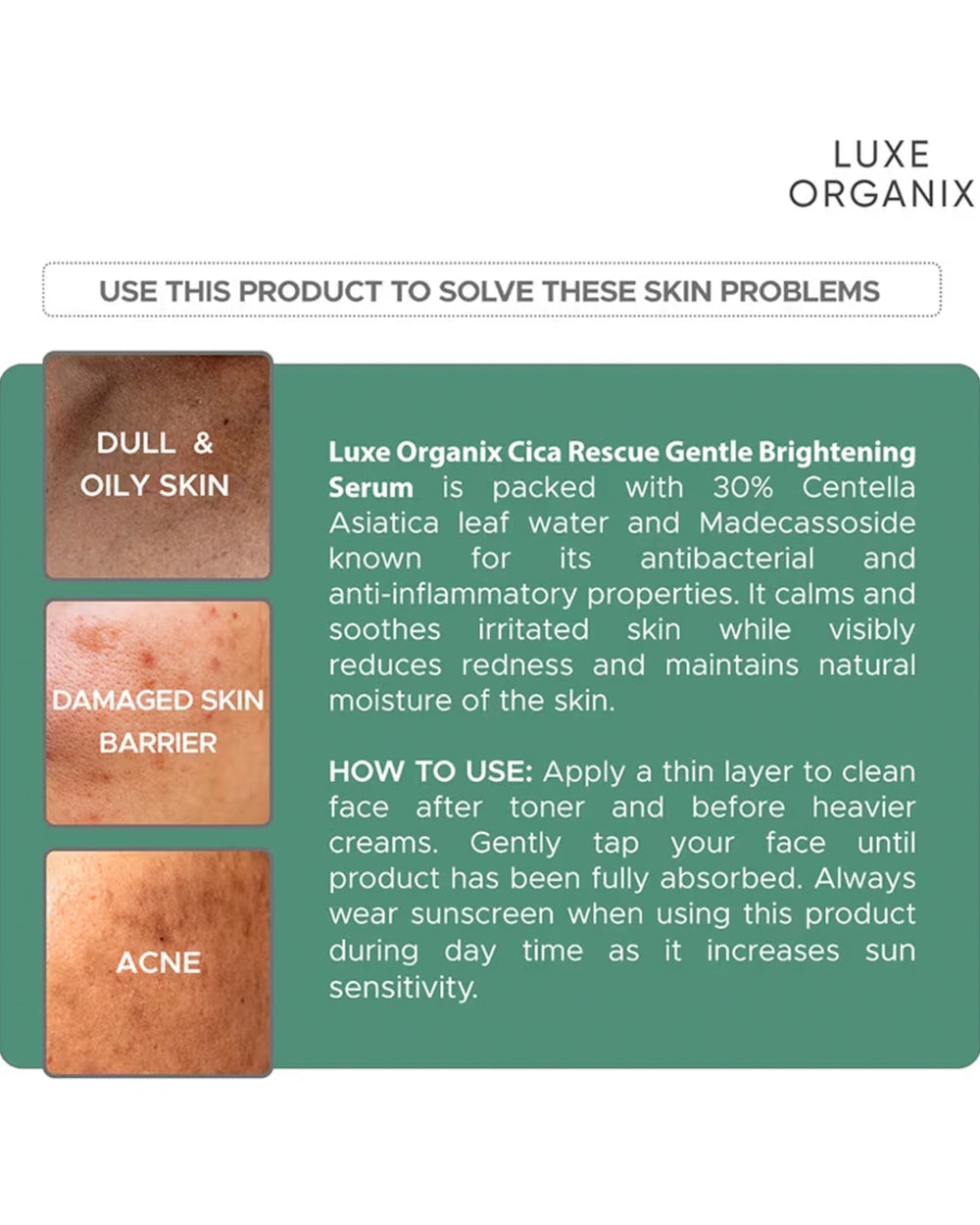 How to use Luxe Organix Cica Rescue Centella Serum 30ml for dull skin, excess oil and weakened skin barrier with gentle soothing and brightening care