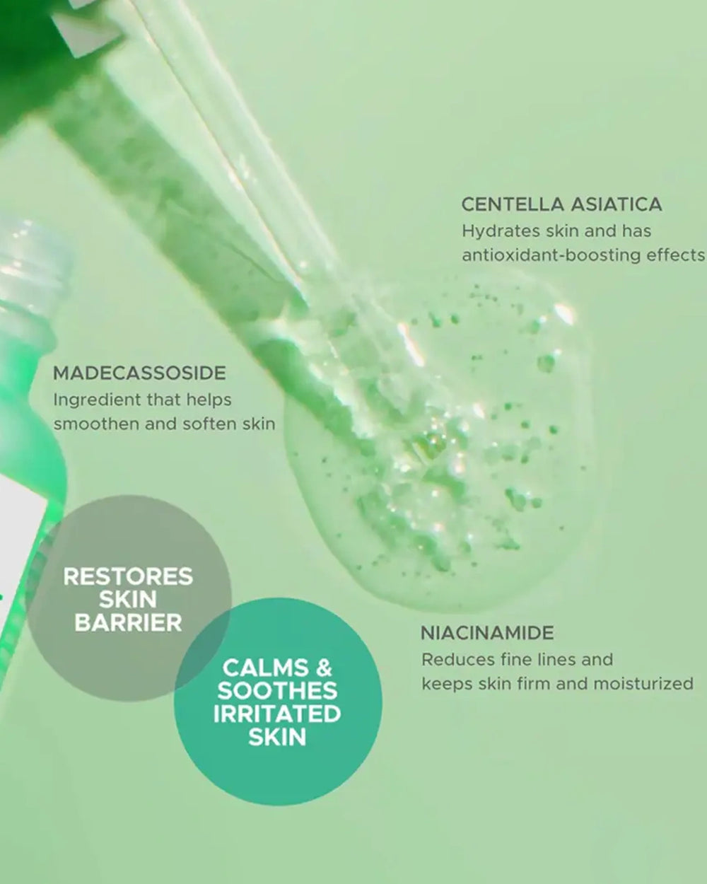 Benefits of Luxe Organix Cica Rescue Centella Serum 30ml showing soothing care, brightening support, 70% centella and niacinamide for healthier-looking skin