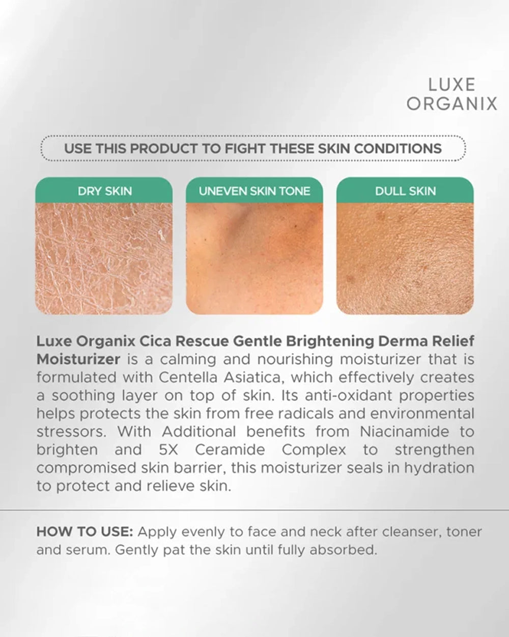 Luxe Organix Cica Rescue moisturizer with niacinamide, centella asiatica and 5x ceramide complex