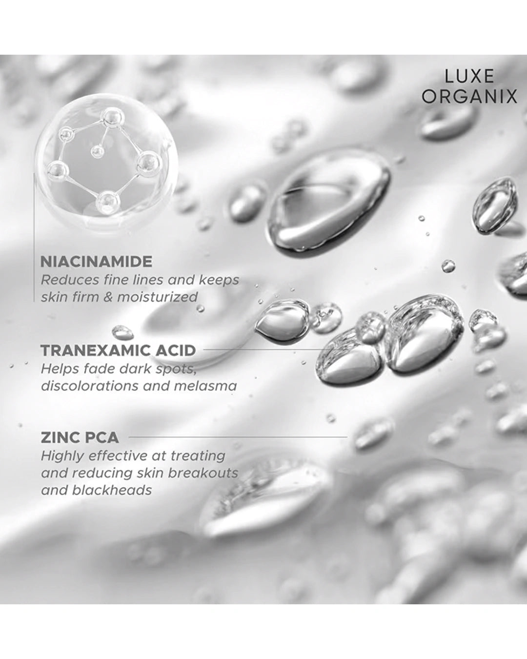 Luxe Organix Whitening Repair Serum key ingredients with niacinamide tranexamic acid and Zinc PCA